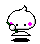 Pixelated white character with pink cheek marks and green leaf-like accents on a gray background, shown in two sequential poses.