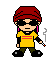 Pixelated character with red headwrap, yellow shirt, dark pants, and black shoes holding a cigarette with smoke rising, displayed in a of identical frames