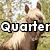 Pixelated image of two horses in a grassy field with bold text overlay reading "Quarter Ranch".