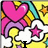Pixelated cartoon-style icon with pink heart, purple swirls, yellow sun, white clouds, pink star, orange stars, and cyan stripes on yellow background.