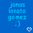 Blue background with light blue pixelated text reading 'jonas loyato go mez :)' and a white heart symbol below the text.