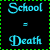 Two side-by-side animated frames of a pixelated icon showing "School = Death" text with green border and black background.