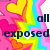Pixelated rainbow star with pink hearts, overlaid text 'all exposed' in dark blue.