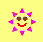 Pixelated sun-shaped icon with pink triangular rays, brown eyes, and red mouth on yellow background; two variations show closed eyes or sunglasses.