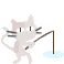 Pixelated light pink cat with white eyes and black pupils holds a fishing rod over a light blue puddle, with text changing from 'N' to 'NEXT' across frames.