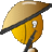 Pixelated icon of a yellow spinning top with a brown conical top, black band, and white circular detail on the side, set against a gray background.