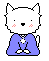 A pixel art contact sheet showing three frames of an animated white cat-like character in a blue robe with pink cheeks, displaying subtle pose changes across the sequence.