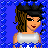 Pixel art contact sheet showing two frames of a female character in fashion attire against blue patterned background, with visible animation frame differences.