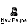 Pixelated character with white eyes and black body in multiple poses including smoking, holding a bell, and exploding with red particles, all labeled "Max Payne".