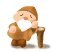 Pixelated cartoon gnome with closed eyes and white beard standing next to a wooden post on gray background.