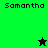 Green and black pixelated icon with "Samantha" text in three positions, featuring a black star at top-left and green star at bottom-left.