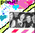 A 4-frame animated contact sheet of a buddy icon featuring black-and-white group photos with colorful pixelated borders and text changes across frames.