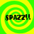 Four identical display a green and yellow spiral background with black text reading "spazz!!" in each
