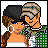 Pixel art contact sheet showing two animated frames of a couple icon with one frame featuring text on a pink background.
