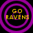 Four identical circular icons with purple concentric rings and yellow text reading 'GO RAVENS' on black backgrounds.