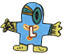 Blue cartoon character with large green eyes, brown and green headband, yellow gloves and shoes, and a white 'L' on chest with orange accents.