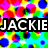 A pixelated image with a vibrant, multicolored background of red, yellow, green, blue, and pink dots. The left side displays the text "JACKIE" in bold white letters on a black rectangle, while the right side shows a black-and-white emoticon with a smiley face and a curved line.