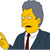 Pixelated character with yellow skin, gray hair, dark suit, white shirt, red tie, and raised right hand against plain background.