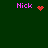 Four instances of the name 'Nick' in pink pixelated text appear on a dark green background, each paired with a distinct red pixel art symbol.