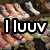 Animated icon with text "I luuv onvers" over a background of hands and feet, transitioning to a heart symbol.