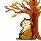 Pixel art animation of a raccoon-like character in a brown robe sitting under a tree with falling leaves, transitioning from open eyes to closed eyes.