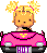 Pixel art contact sheet showing two frames of a cartoon character driving a pink car with changing license plates and headlights.