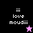 Four display text and star icons with color variations; black, purple, pink backgrounds show 'iii love moudiii' in white pixelated font