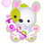 Pixelated bunny with white body, yellow ear patch, pink inner ears, and pink paw pads holding a pink and purple striped object.