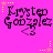 Pixelated text 'Krzysztof Godzalez' on bright pink background with yellow and orange starbursts, each frame showing different starburst positions.