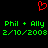 Red pixelated heart symbol above green text reading 'Phil + Ally' and date '2/10/2008', repeated twice on black background.