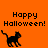 Orange background with three black cat silhouettes and "Happy Halloween!" text in pixelated font across multiple