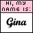 Pixelated graphic with pink header reading 'HI, my name is:' above white section displaying 'Gina' in stylized black script.