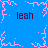 Blue background with pink pixelated snowflake patterns and four instances of the text 'leah' in dark purple.
