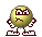 Pixelated yellow sphere with brown limbs and white shoes, displaying angry expression in two sequential poses.