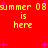 Red background with yellow pixelated text reading 'summer 08 is here' and purple star shapes scattered across the image.