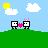 Two pixelated figures stand on green grass under a blue sky with clouds and a yellow sun, holding hands with a pink heart between them.