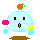 Six pixelated light blue characters with black square eyes and brown bases, each holding or surrounded by colored shapes including pink, orange, yellow, cyan, green, and a musical note.