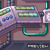 Pixel art of a futuristic device with green and blue elements, connected by teal tubing to another component against a brown background.