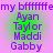 Purple text 'my bfffffffemy' above four green circular icons with names Ayan, Taylor, Maddi, Gabby on pink background.