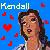 Pixelated blue background with red heart shapes, a person's face in profile view, and the name 'Kendall' at top left.