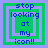 Four identical pixelated images arranged in a , each showing layered green and blue squares with text reading "stop looking at my icon!!"