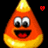 Pixelated candy corn icon with orange and yellow gradient, wide eyes, open mouth showing red tongue, small red heart in top-right corner on black background.