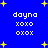 Blue background with yellow stars and repeated white text 'dayna xoxo oxox' in four quadrants.