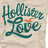 Pixelated teal script text 'Hello Love' with an orange X symbol on a light beige background.