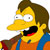 Yellow-skinned cartoon character with brown hair, wide eyes, open mouth showing teeth, wearing blue and orange clothing against white background