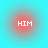 Four identical circular icons with red center and cyan outer rings display the text HIM in white pixelated font.