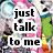 Pixelated image with bold black text "just talk to me" centered on a white background, surrounded by colorful abstract shapes and patterns.