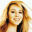 Static pixelated portrait of a person with long light brown hair and closed eyes, rendered in warm tones on a white background.