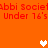 Pixelated orange background with red text repeating 'Abbi Societ' and 'Under 16's', three white heart icons in different positions.
