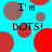 Pixelated cyan background with red and brown circles, text 'I'm DOTS!' in black block letters appears four times.